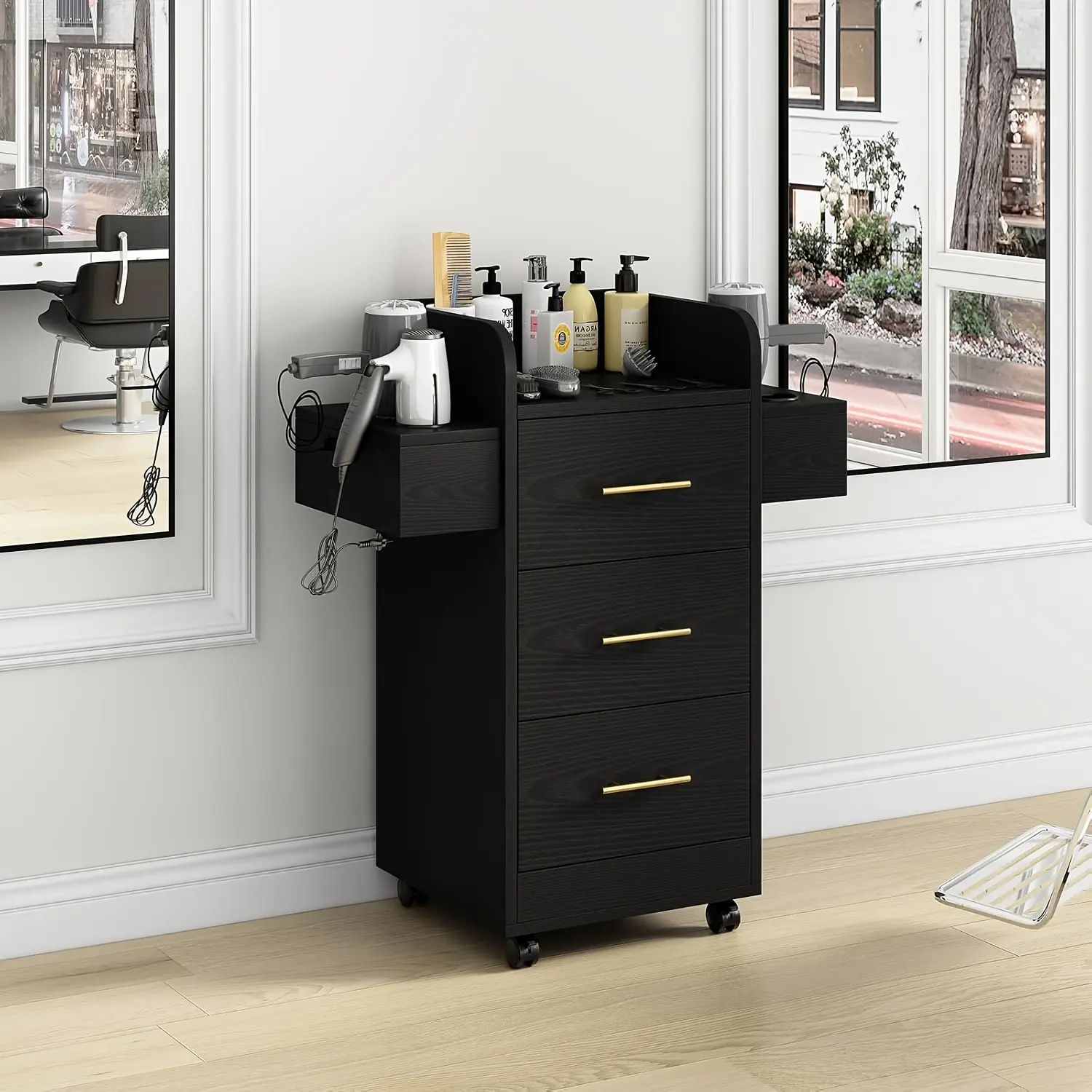 [DealsForYouDays][Summerwins] HOMBCK Beauty Salon Station with 3 Drawers, Rolling Station for Hair Stylist, Hair Salon Station Storage Cabinet on Wheels, Wood Stylist Storage Cabinet with 6 Hair Dryer Holders, White/Gold