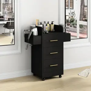 HOMBCK Beauty Salon Station with 3 Drawers, Rolling Station for Hair Stylist, Hair Salon Station Storage Cabinet on Wheels, Wood Stylist Storage Cabinet with 6 Hair Dryer Holders, White/Gold