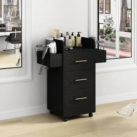 HOMBCK Modern Commercial Wood Salon Trolley - Station for Hair Stylists with 3 Drawers, Rolling Wheels, 6 Hair Dryer Holders, Space-Saving Storage, Assembly Required, White/Gold#SohoChic, With Wheel Salon Furniture