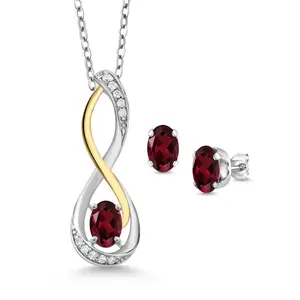 Gem Stone King 925 Sterling Silver and 10K Yellow Gold Red Rhodolite Garnet and White E-F Lab Grown Diamond Infinity Pendant and Earrings Jewelry Set For Women 1.57 Cttw, with 18 Inch Chain