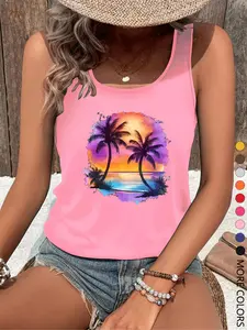 Women's Palm Tree & Sunset Print Round Neck Tank Top, Casual Sleeveless Top for Summer, Ladies Clothes for Daily Wear, Socks