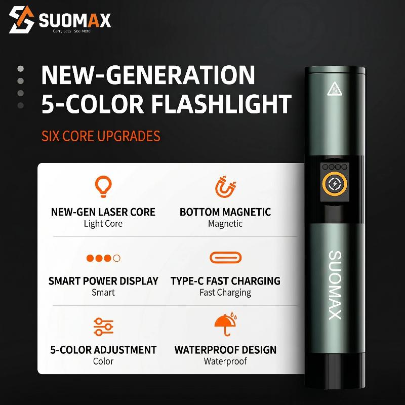 SUOMAX 5-in-1 Strong Flashlight, 1800LM Super Bright LED Light, UV/RED/YELLOW/BLUE/WHITE BEAM, USB-C Rechargeable Pocket EDC Flashlight, Magnetic Base, IPX4 Waterproof, For night work, Camping, Outdoor tactical light, Flash, Led Lights,sohochic