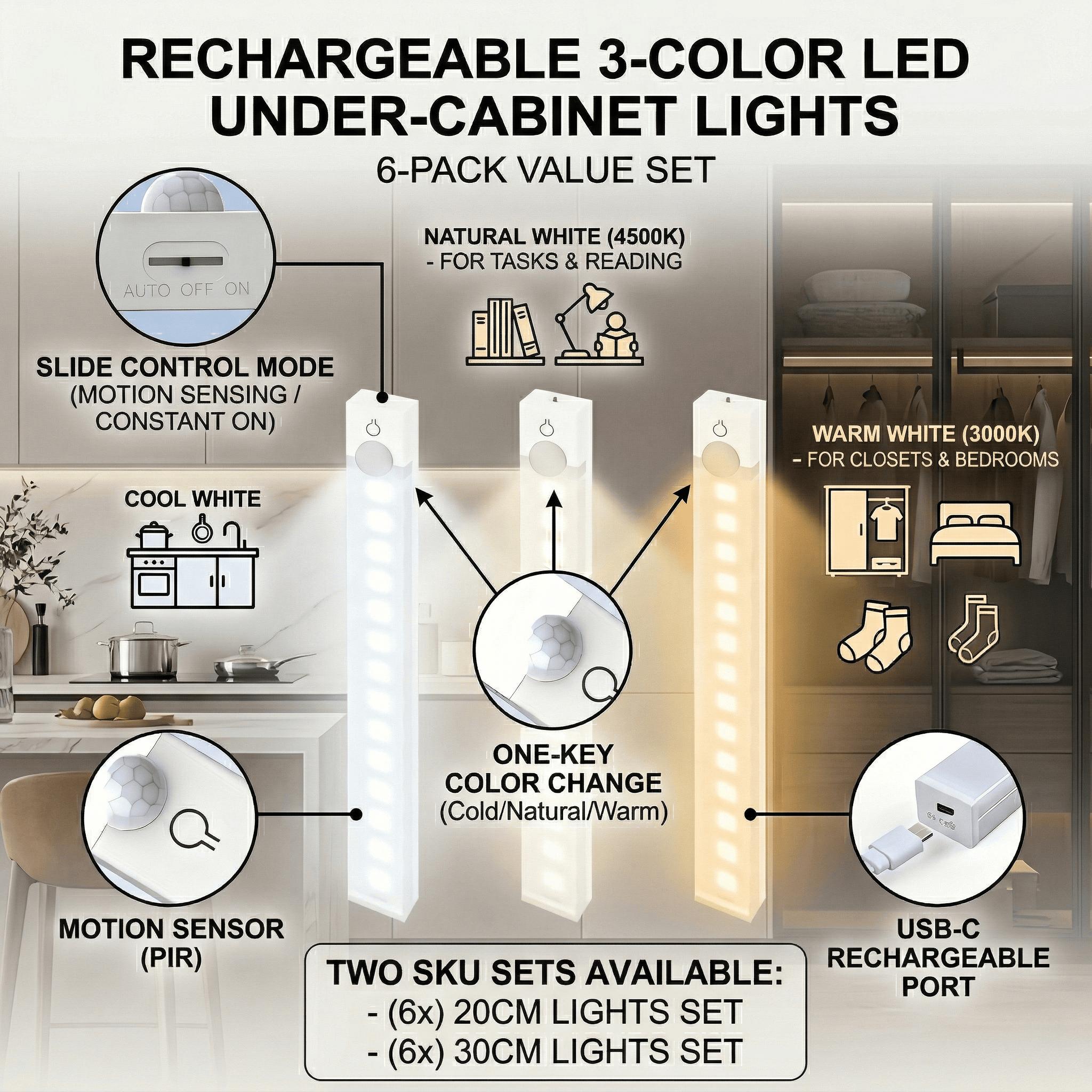 Ultra Slim Under Cabinet LED Lighting 6 Pack 20cm 30cm, Motion Activated, 3 Modes AUTO/ON/OFF, 3 CCT Adjustable, Dimmable, USB Rechargeable, Magnetic No Drill Lights for Kitchen Counter Closet Garage Stairs