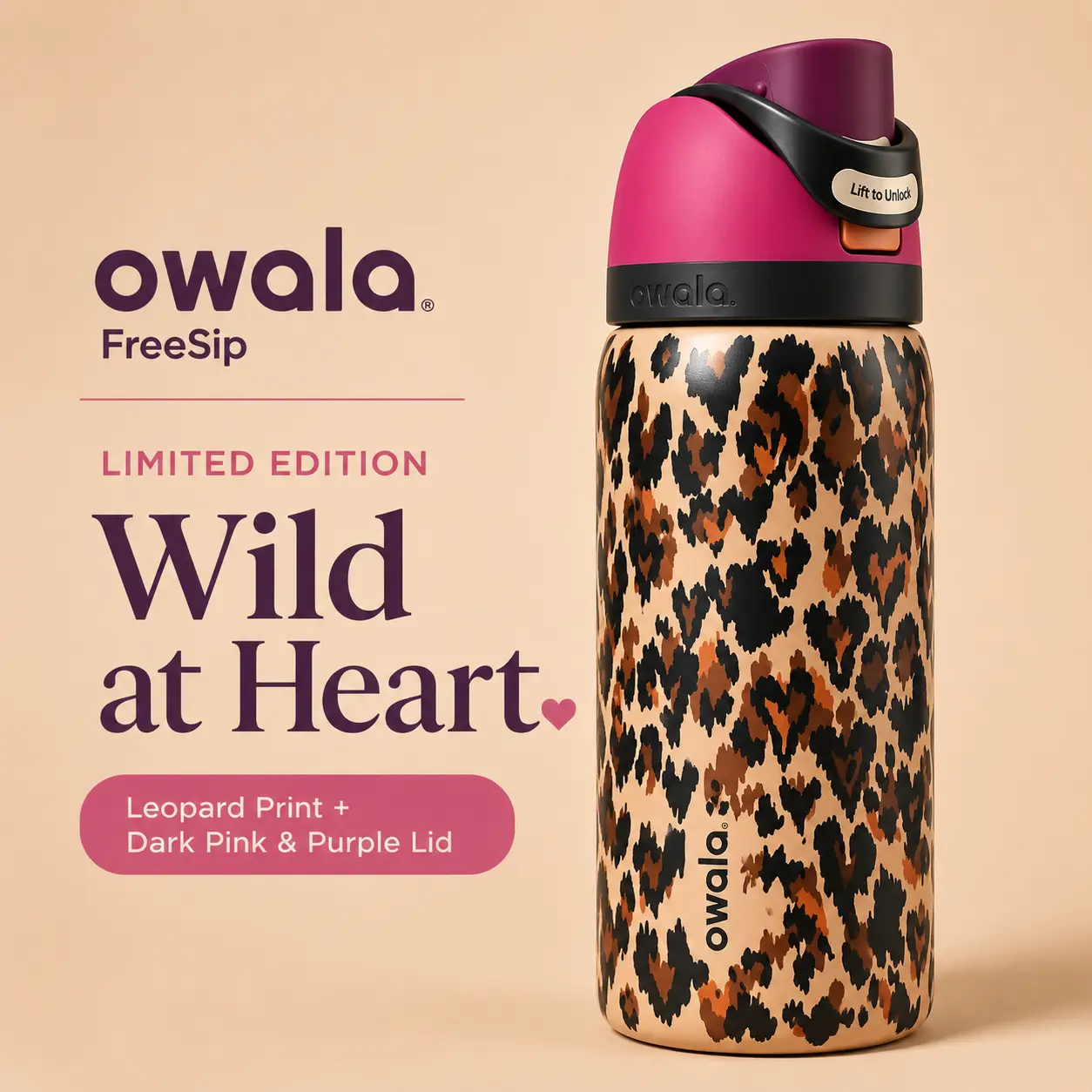 Owala FreeSip Wild at Heart Limited Edition Leopard Print Dark Pink & Purple Lid Water Bottle