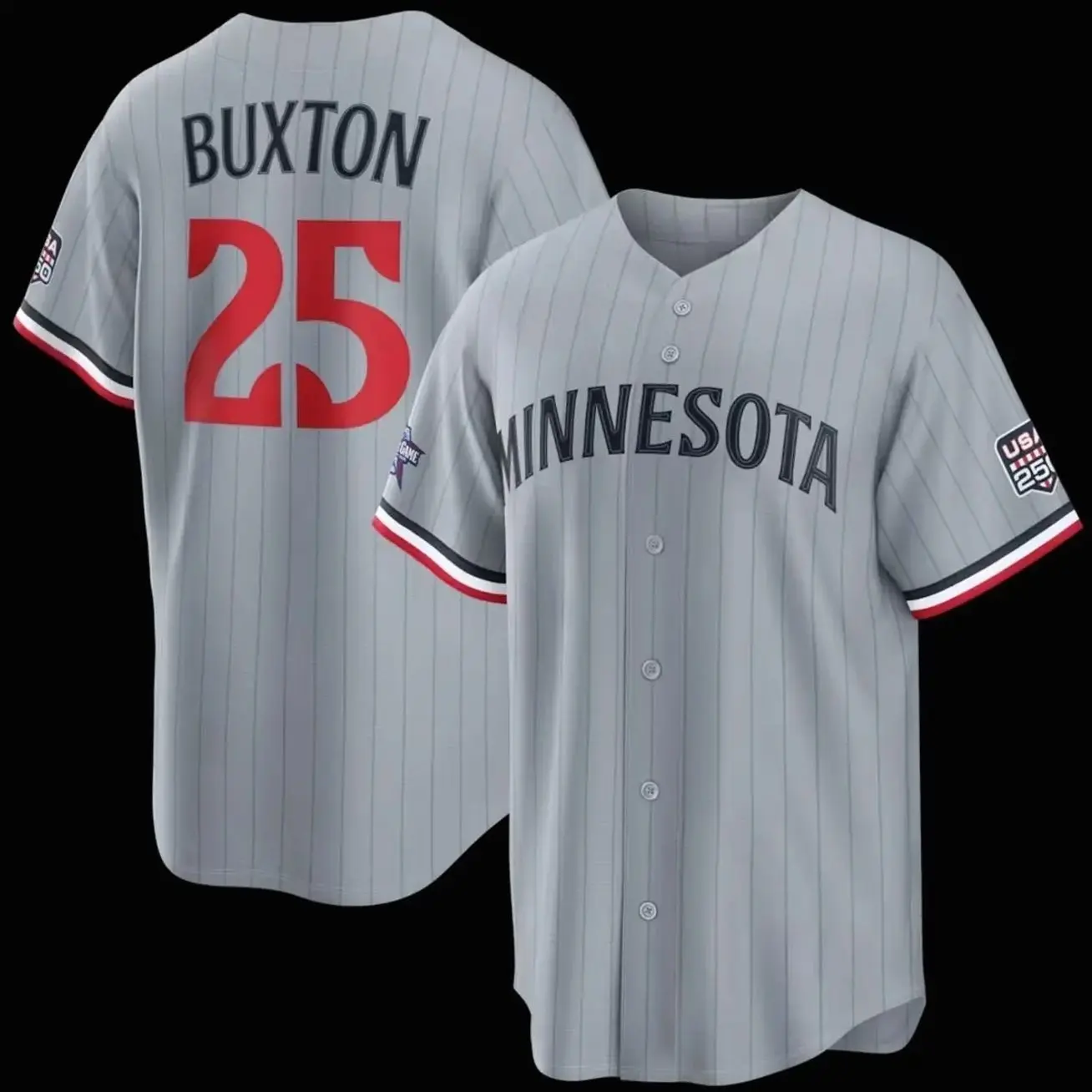 Unisex Baseball Minnesota USA 250 Stadium Jersey Buxton 25 2026 All-Star Edition Stars & Stripes Gray Replica Jersey