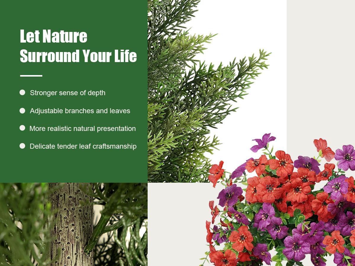 Set of 2 Artificial Cedar Topiary Trees (5/4/3 ft) — Includes Faux Flowers | Realistic Potted Plants for Indoor, Outdoor, and Porch Decor