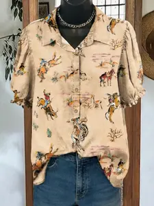 Trendy Women's Summer Ethnic Horse Print Shirt - Loose Fit, Stand Collar & Front Button Casual Top