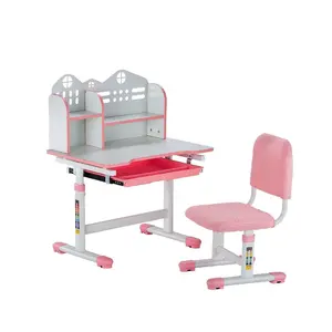 VEVOR Kids Study Chair and Desk Set, Study Desk and Chair for Kids with Bookshelf and Storage Drawer, Adjustable Height Kids Study Desk with Chair, Children Study Table for Bedroom Study Room, Pink