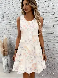 women's round neck sleeveless dress Floral Butterfly Pastel Pattern Print Dress print light and breathable fresh and sweet style leisure vacation, date outfit clothing casual summer elastic beach