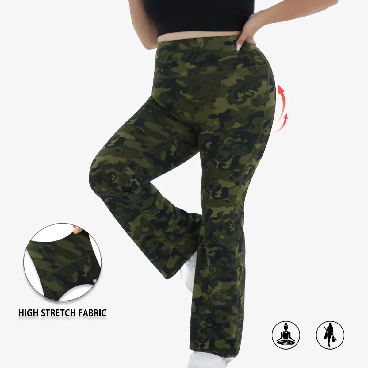 Women's Retro Fashion Printed Flared Bell Bottoms - High Waist, Tummy Control, 4-Way Stretch Jersey Spandex Pants with Hidden Zipper, Pants For Women