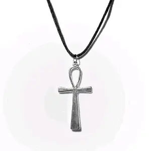 16" Silver Ankh Pendant Necklace - Black Cord