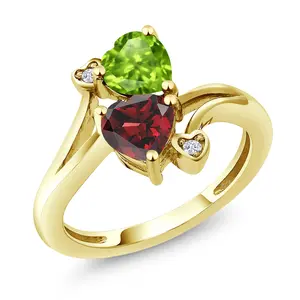 Gem Stone King 10K Yellow Gold Green Peridot and Red Garnet Ring For Women (1.76 Cttw, Heart Shape 6MM, Gemstone Birthstone)