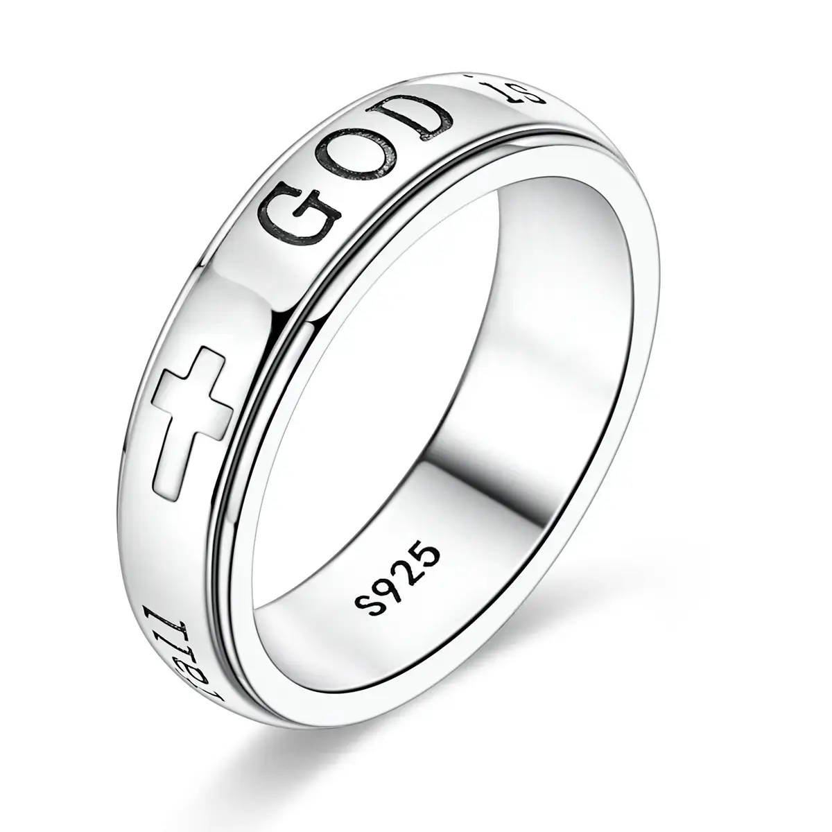 MULA Women's 925 Silver-Plated Spinner Ring, Christian Fidget Jewelry with Engraved Psalm 46:5 Verse and Holy Cross for Anxiety Relief, Inspirational Message Gift for Resilience, Strength, Gift Of Encouragement, Calming Spinner