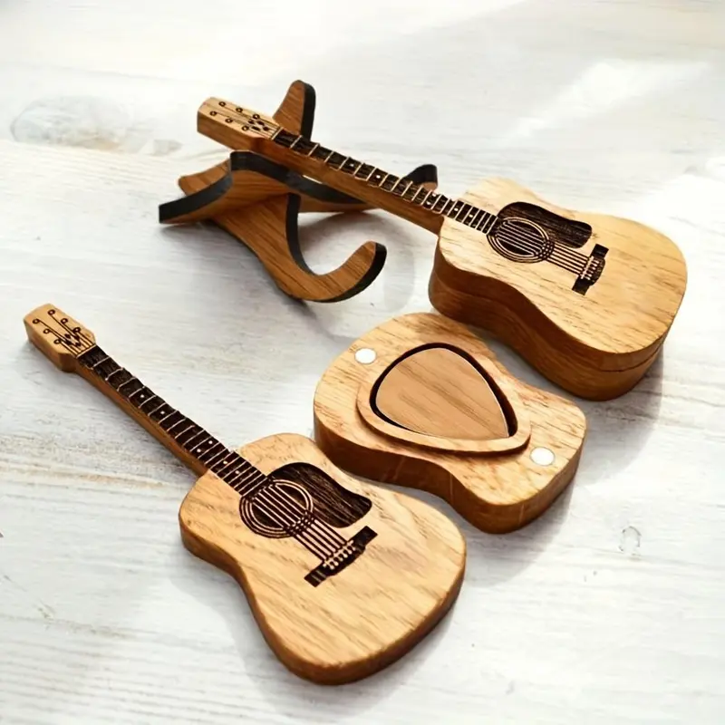 Wooden Guitar Model & Pick & Holder Set, 5 Counts/set Musician Engraved Wooden Pick Set, Guitar Accessories for Guitar & Ukulele Lovers, Gift, Guitar Picks, Instrument Accessories