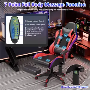 【7-POINT Massage】Mr IRONSTONE Massage Gaming Chair 7-Point, Office Chair with Led Lights & Speakers and Footrest and Lumbar Support, Adjustable Seat Height Ergonomic, 145° Reclining Max