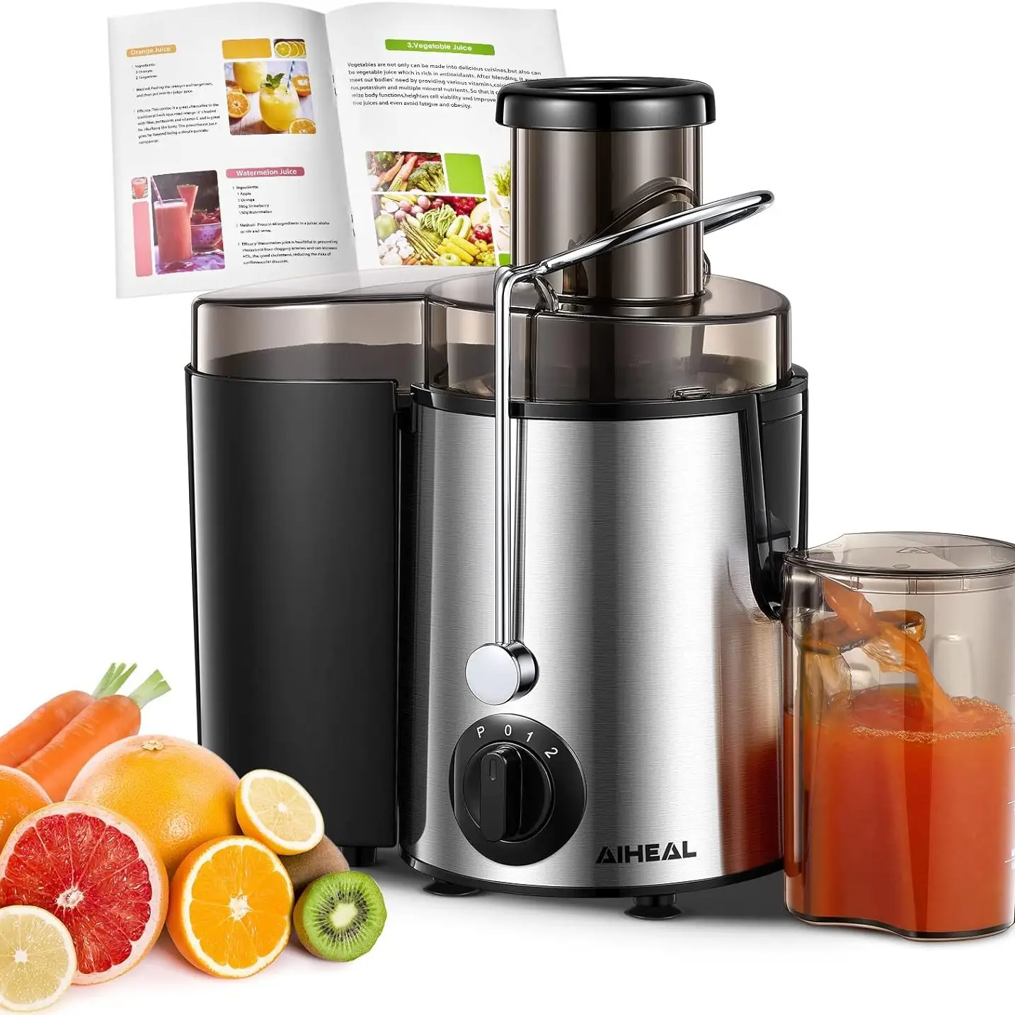 Aiheal Juicer 3" Feed Chute Wide Mouth, Centrifugal Juicer Whole Fruit and Vegetables with 3 Speed Control, BPA Free, Easy to Clean, Juice Recipe Incl