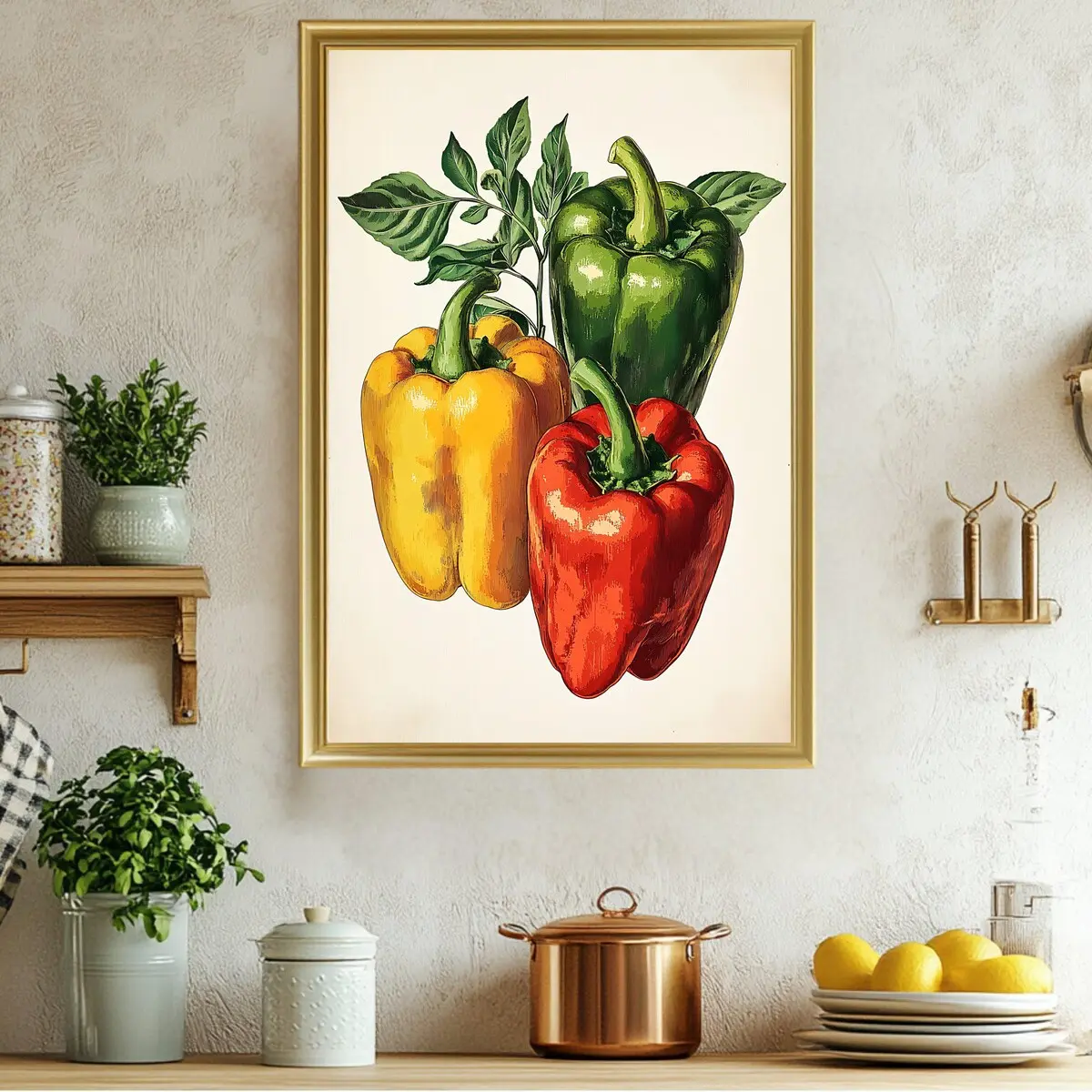 Colorful Bell Peppers Wall Art, Botanical Kitchen Decor, Vegetable Print, Farmhouse Style, Art Print for Home, Food Lover Gift, Rustic Wall, Unframed