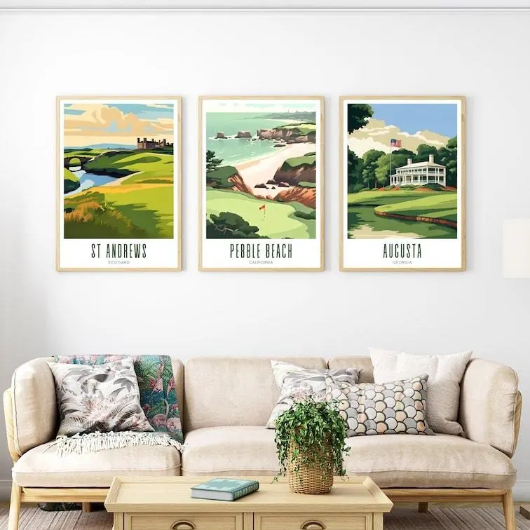 Golf Prints Set Of 3, Augusta, Pebble Beach, St Andrews, Golf course Posters, Golf Wall Art, Golf Course Poster Bundle