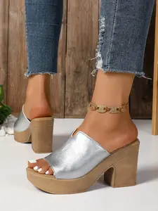 Women's Square Toe Thick Sole Chunky Heel Sandals, Outdoor One-Strap Slippers, Versatile Waterproof Platform High Heeled Mules