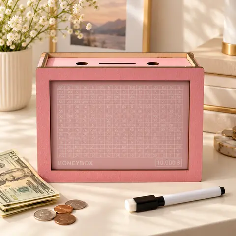 Gingham Wooden 10,000 Savings Challenge Box with Built-in Counter, Numbered Tracker, Dry Erase Pen, Cash Coin Piggy Bank for All Ages, Back to School, Birthdays, Reusable Home Goal Organizer