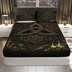 3Pcs Celtic Medieval Fantasy Fitted Sheet Three Piece Set (1*Fitted Sheet+2*Pillowcases, Coreless), Halloween theme, Gothic Renaissance Mythical Bedding Set, Mattress protector Soft, Breathable
