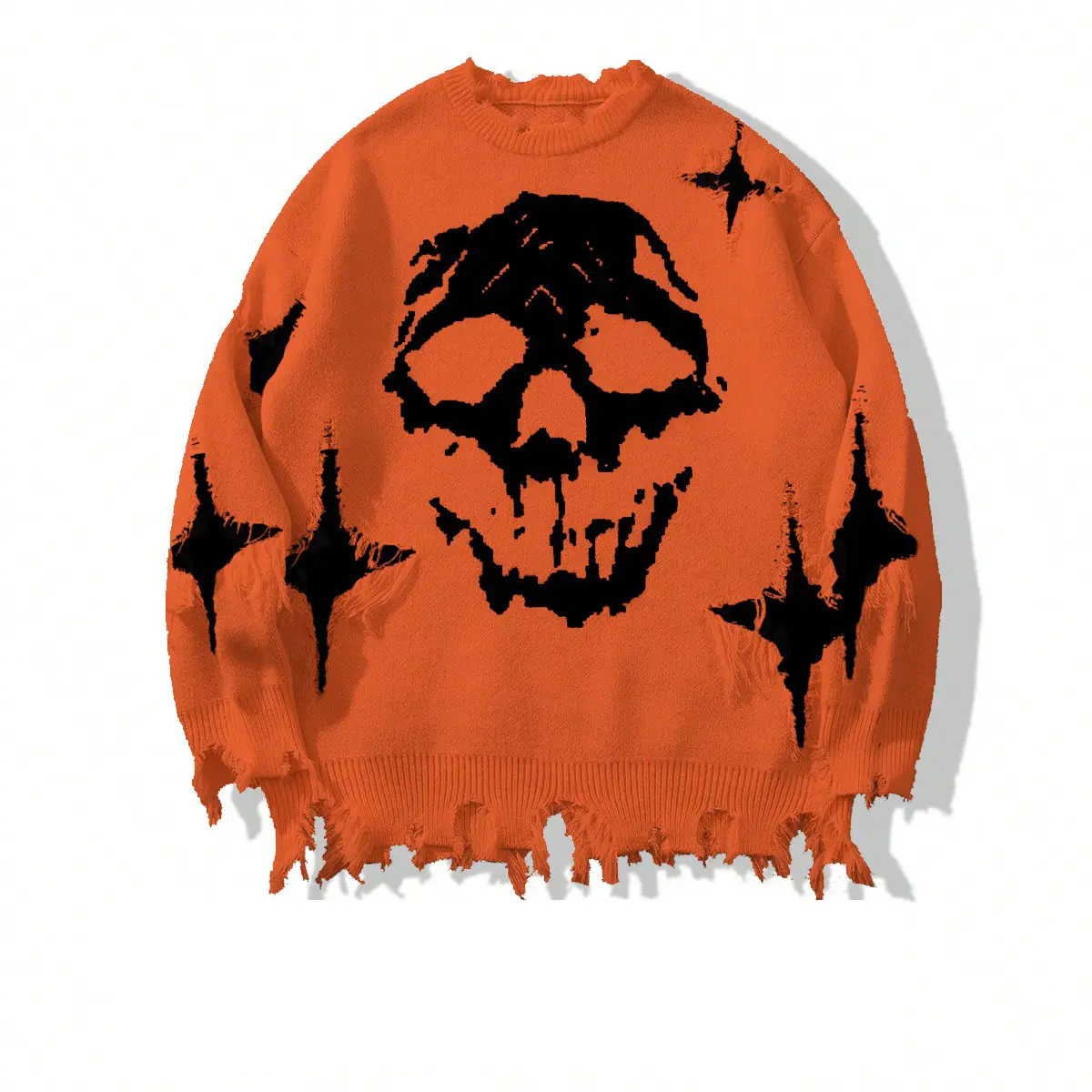 Men’s crewneck distressed ripped sweater with jacquard skull pattern, loose drop-shoulder fit, dark high-street Y2K style, casual streetwear cool outfit, knit pullover (Shipped from Lenexa Warehouse) fall ideal men gift sohochic thick soft warm comfort