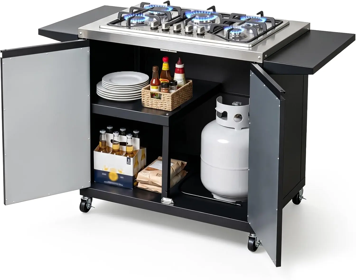 ROVSUN 5 Burner Propane Stove with Storage Cabinet & Side Shelves, Portable Outdoor Gas Burner with Auto-ignition, Regulator & Wheels for Backyard Kitchen Patio Cooking Brewing Frying