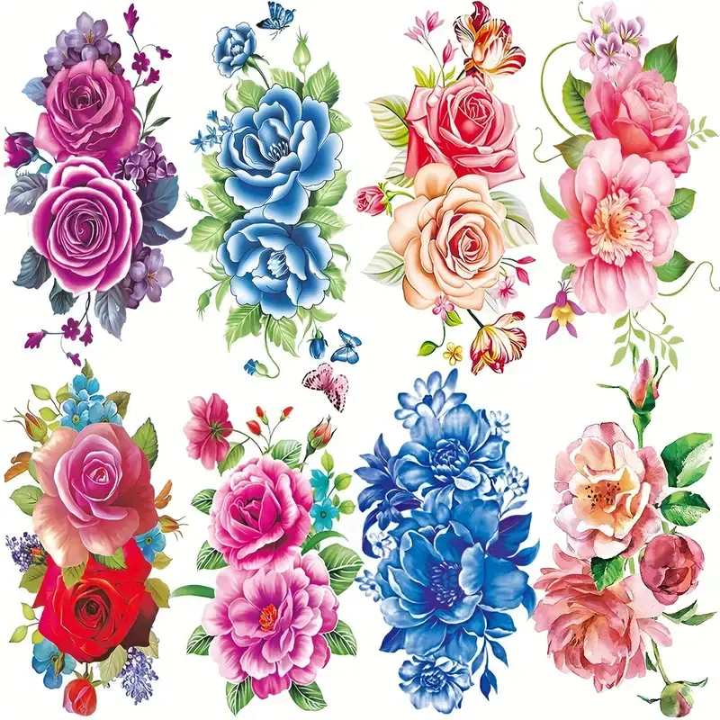8 Vivid Waterproof Peony Rose Temporary Tattoo Stickers for Women, Realistic Butterfly Design with Lush Foliage, Perfect for Beauty Enhancement and Personal Care Fake Tattoos