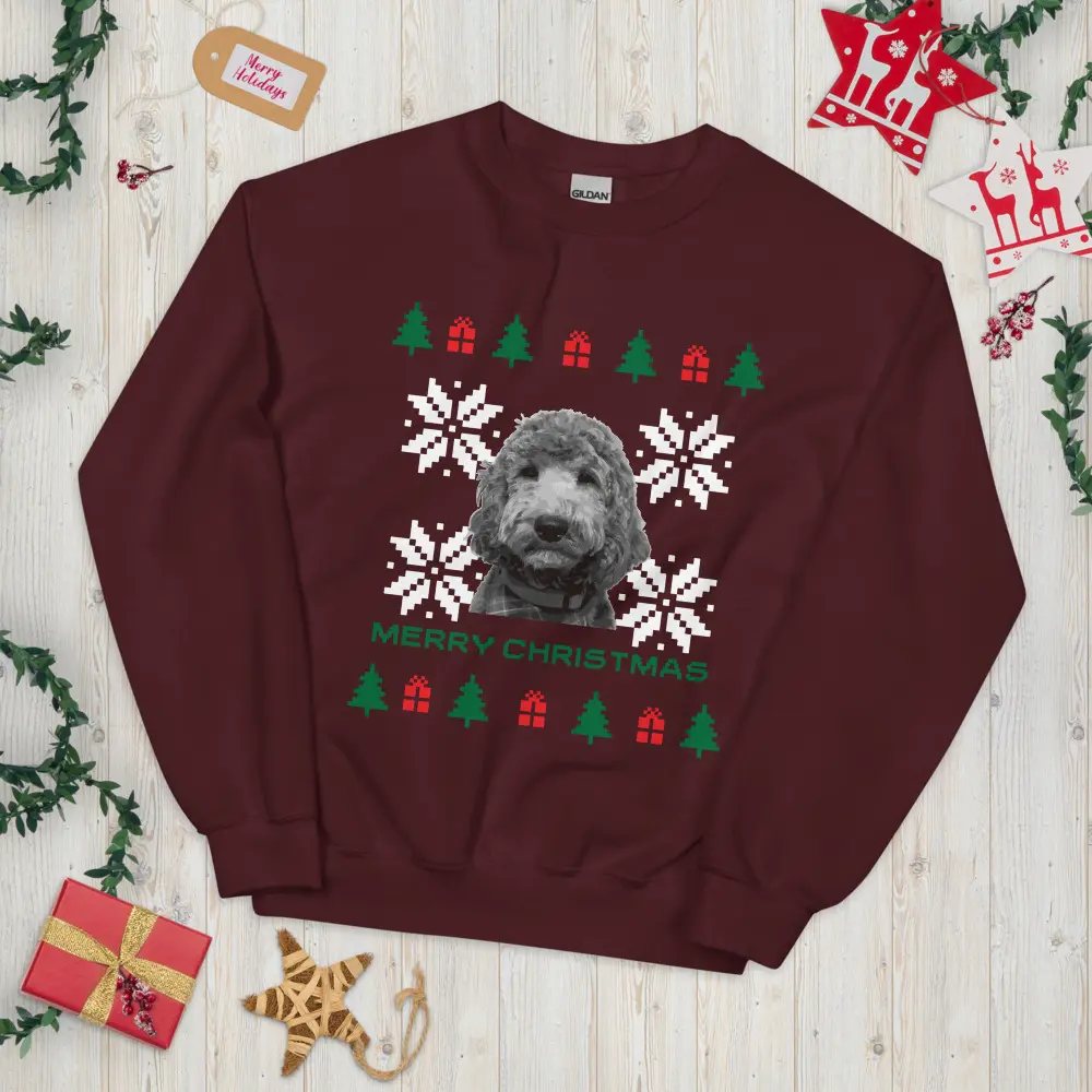 CUSTOM PHOTO of Pet Ugly Christmas Sweater Maroon Unisex Sweatshirt