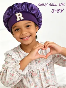 A-Z Letter Kids Hair Care Bonnet, Wide Elastic Band Non-Slip Sleep Cap Dual-Function for Sleep & Bath Kids Glossy Satin Hair Care Bonnet 3-8Y Sleeping Bonnet Hair Bonnets Haircare