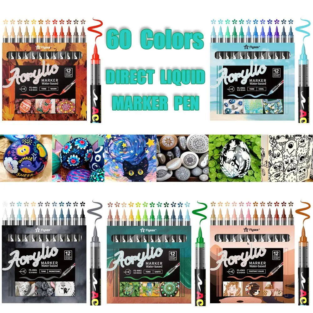 Liquid Acrylic Marker, Acrylic Paint Pen Set of 12 Colors with 5 Main Color Schemes, Variable Tip From 0.5-6mm, Waterproof and Fade Resistant for Art and DIY Projects
