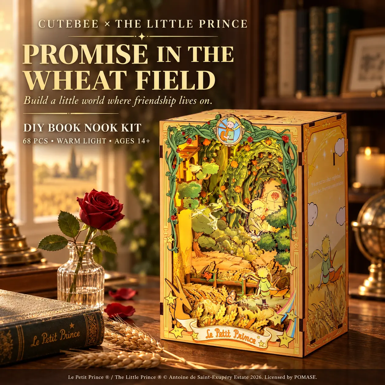 CUTEBEE x The Little Prince Promise in the Wheat Field Book Nook Kit, DIY 3D Wooden Puzzle with LED Light for Adults and Teens