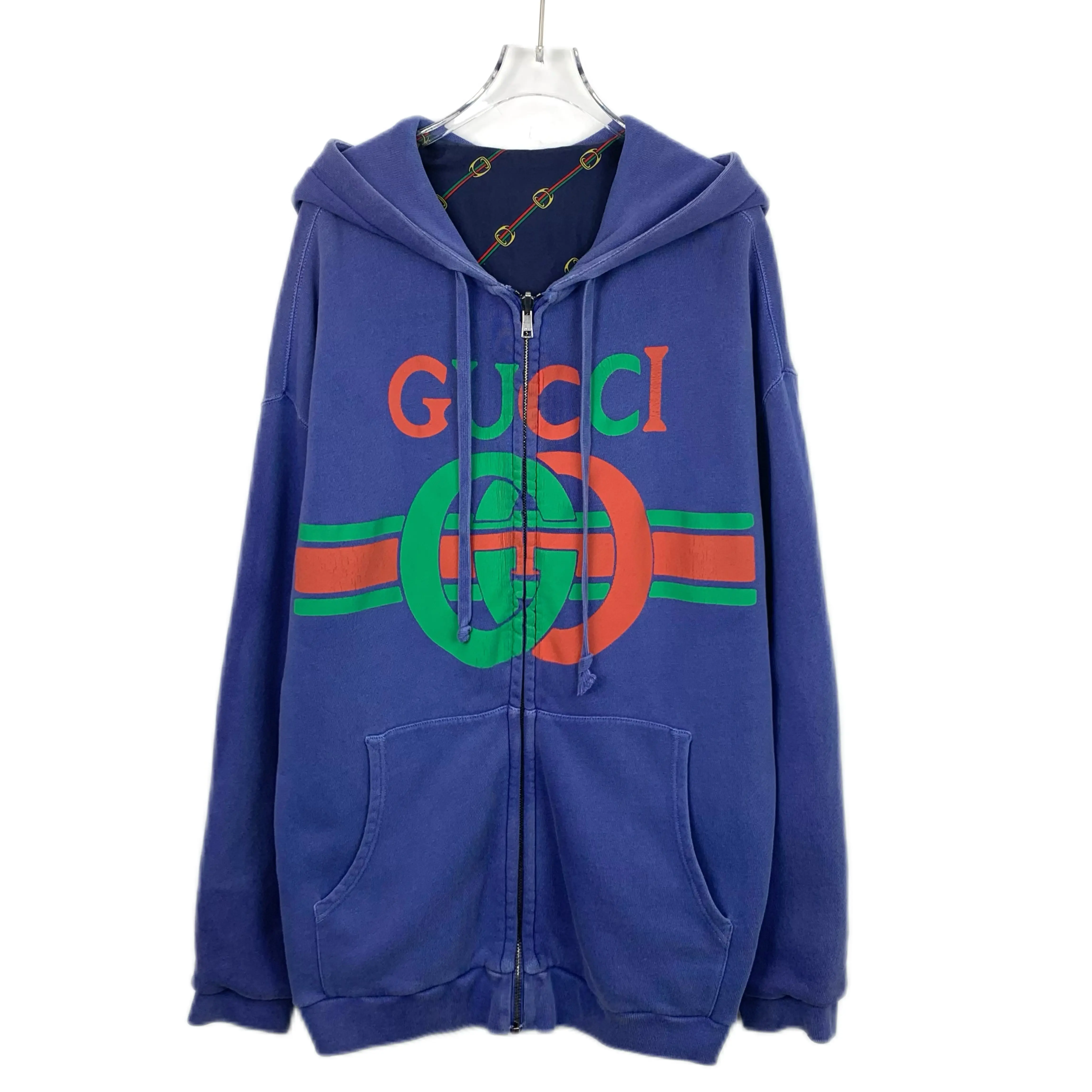 RDLT- Gucci Blue Logo Print Reversible Zip Hooded Sweatshirt Size S