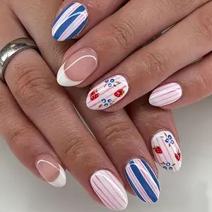 Machine Printed Summer Fruit Press-On Nails, Nail Art Design, Strawberry Blueberry Striped French Tip Nails, French Party Short Ballerina Nails, 24pcs DIY False Nails for Women and Girls