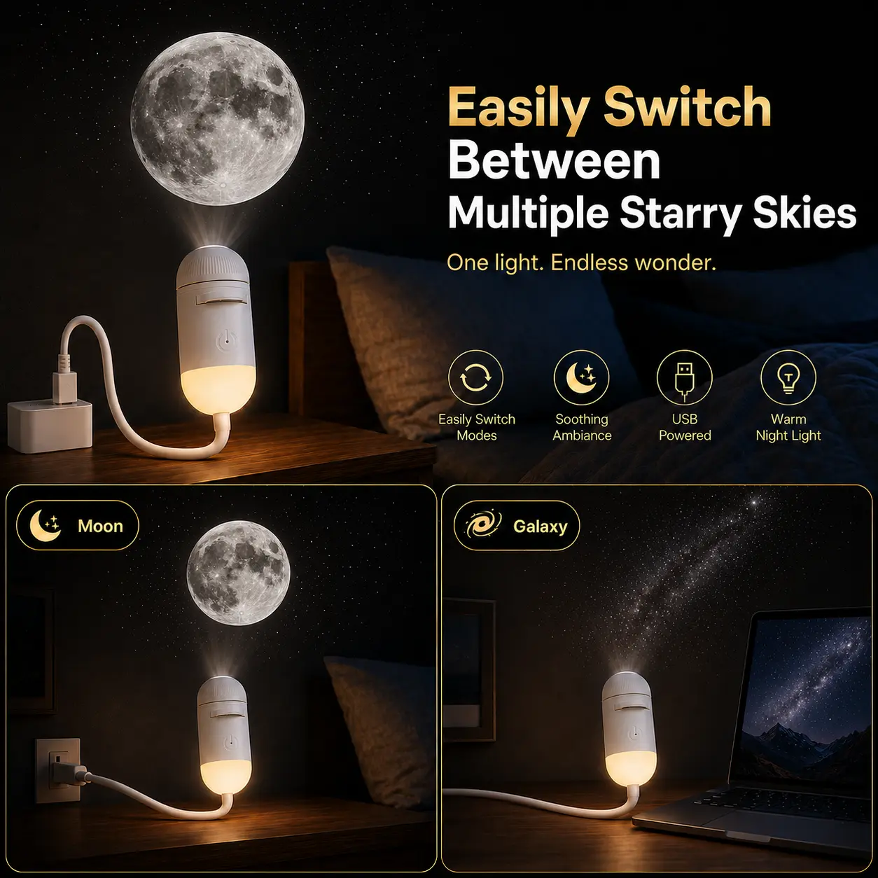 Star Projector Night Light for Bedroom Ceiling, Galaxy Projection Lamp with 2 Projection Films, Adjustable Brightness Room Deco