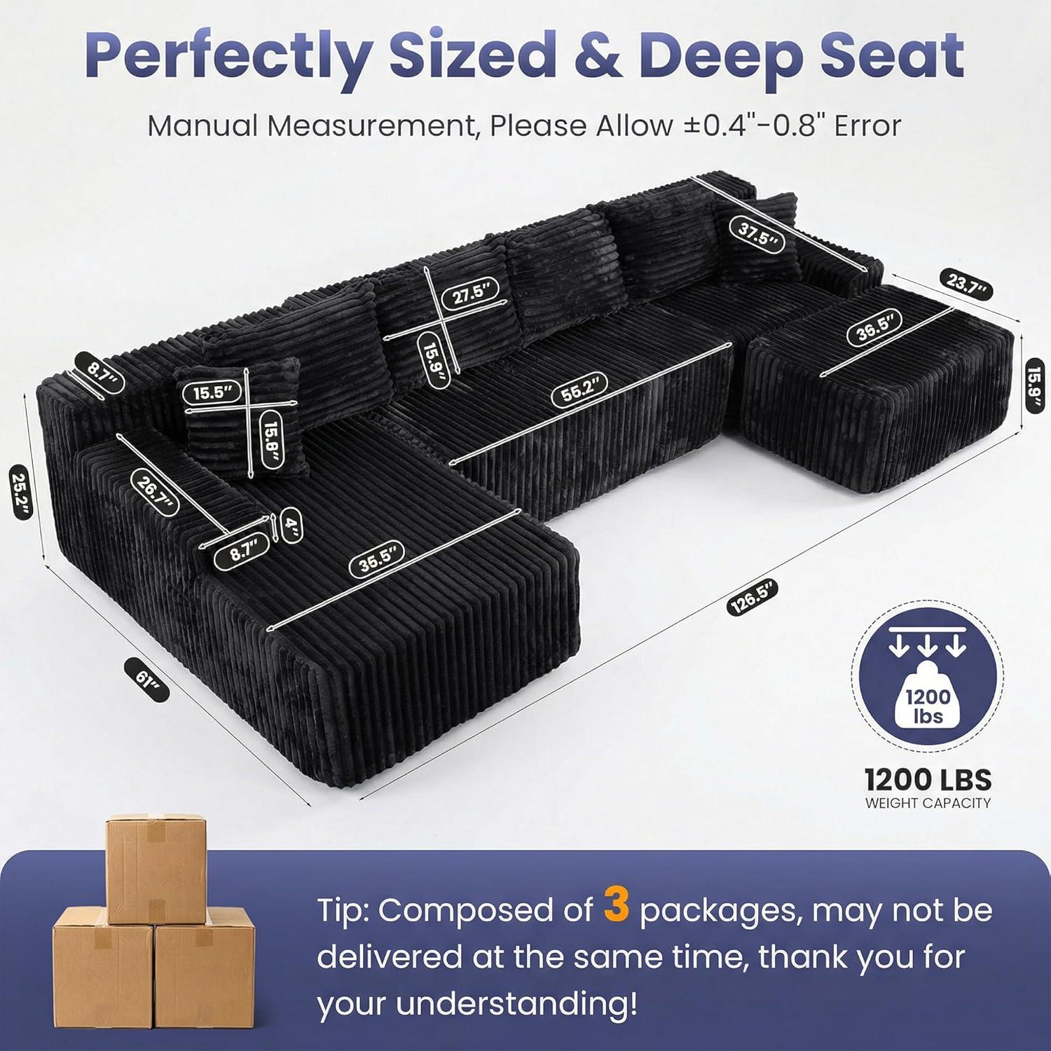 winzoo couch 126" Cloud Sectional Couch for Living Room, Oversized 6 Seat Convertible Modular Sectional Sofa Bed with High Back Ottoman, Plush Corduroy U Shaped Boneless Couch Compression Sofas, Grey