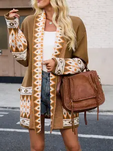 Women's Autumn Winter Ethnic Style Colorblock Long-Sleeved Sweater Jacket Cardigan Womenswear Tops with Aztec Pattern