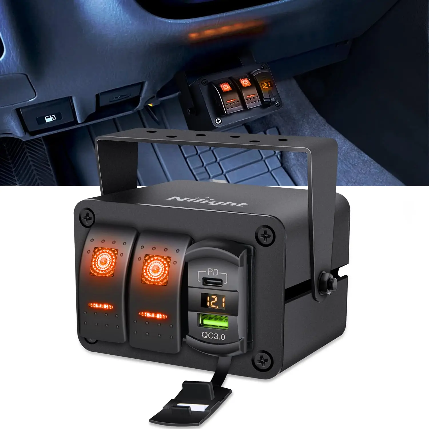 Nilight Detachable Switch Box - 2-Gang SPST ON-Off Toggle Switches, 12V, PD Type-C & QC 3.0 USB Socket, Voltmeter, Orange LED Light, Waterproof Aluminum Bracket Panel, ABS, Pre-Wired, Rotatable Mount for Boat, Car