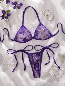Women's Sexy Butterfly Lace Wireless Lingerie Bra Set, Embroidery & Binding Design, Multiple Colors Available, All-Season Fitted Underwear