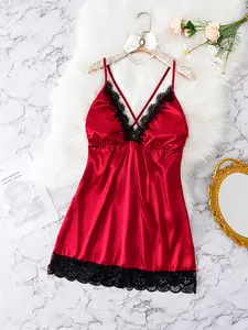 Red Satin Lace Cami Nightgown for Women – Romantic V-Neck Sleepwear with Black Lace Trim, Perfect for Valentine’s Day & Bedtime Elegance