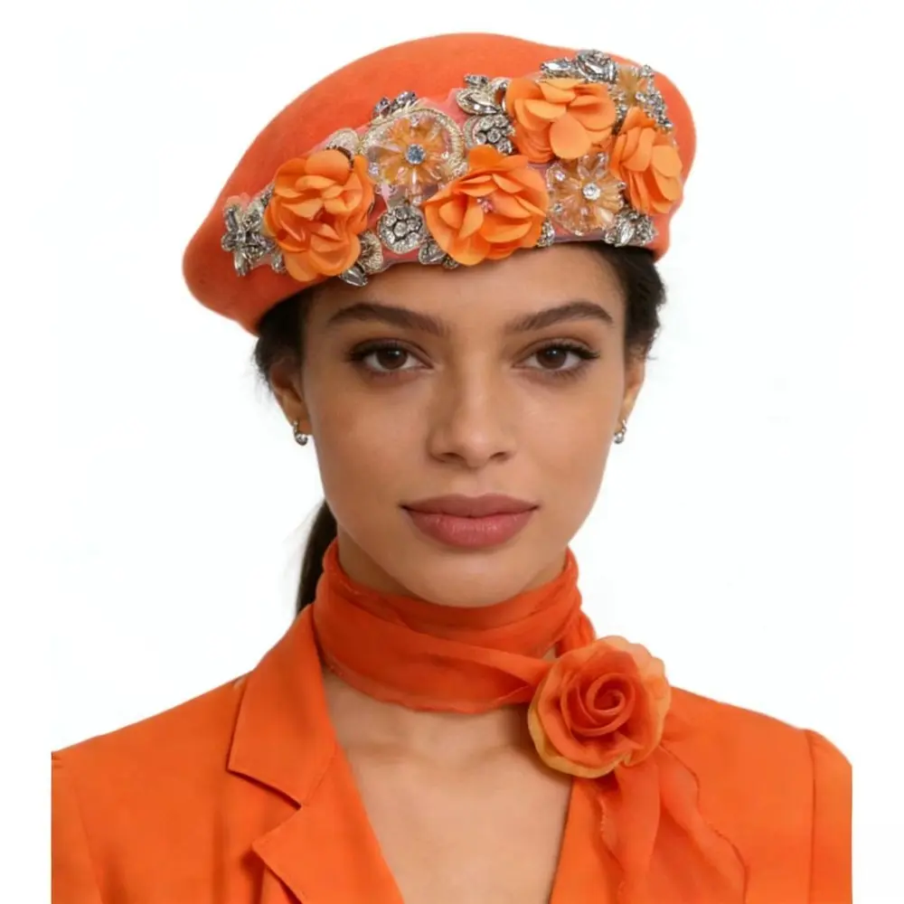 2-piece Set, Retro Orange Beret + Handmade Three-dimensional Flower Silk Scarf Set, Banquet Party Dress Accessories, Women's Flight Attendant Hat, Tea Party Girl Accessories, Church Retro Yarmulke.