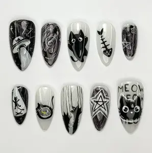 Alien Cat-Themed Press-On Nails | Cute Creepy Goth Nail Art | Cat Alien Aesthetic | Black Cat & Star Nail Set | Horror Nails