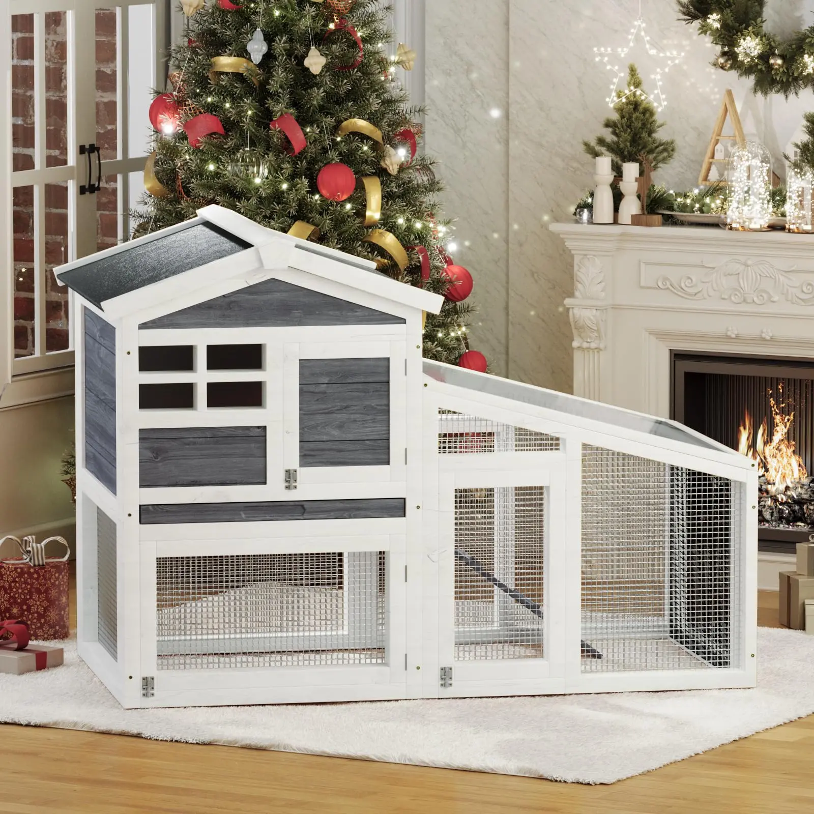 Garvee Wooden Rabbit Hutch Indoor & Outdoor, Weatherproof Bunny Cage with Anti-Chew Metal Frame & Ramp, Small Animal Home with Removable Wire Netting and Leak-Proof Tray, Easy Clean Rabbit Cage for Backyard