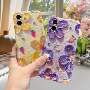 Laser Retro Flower Floral Oil Painting iPhone Case for Women, Colorful TPU Shockproof Sleeve for iPhone 16 15 14 13 12 11 Pro Max Glitter Glossy Curved Case for Girls Ladies Women's Wave Protective Case Phone Protective Cover