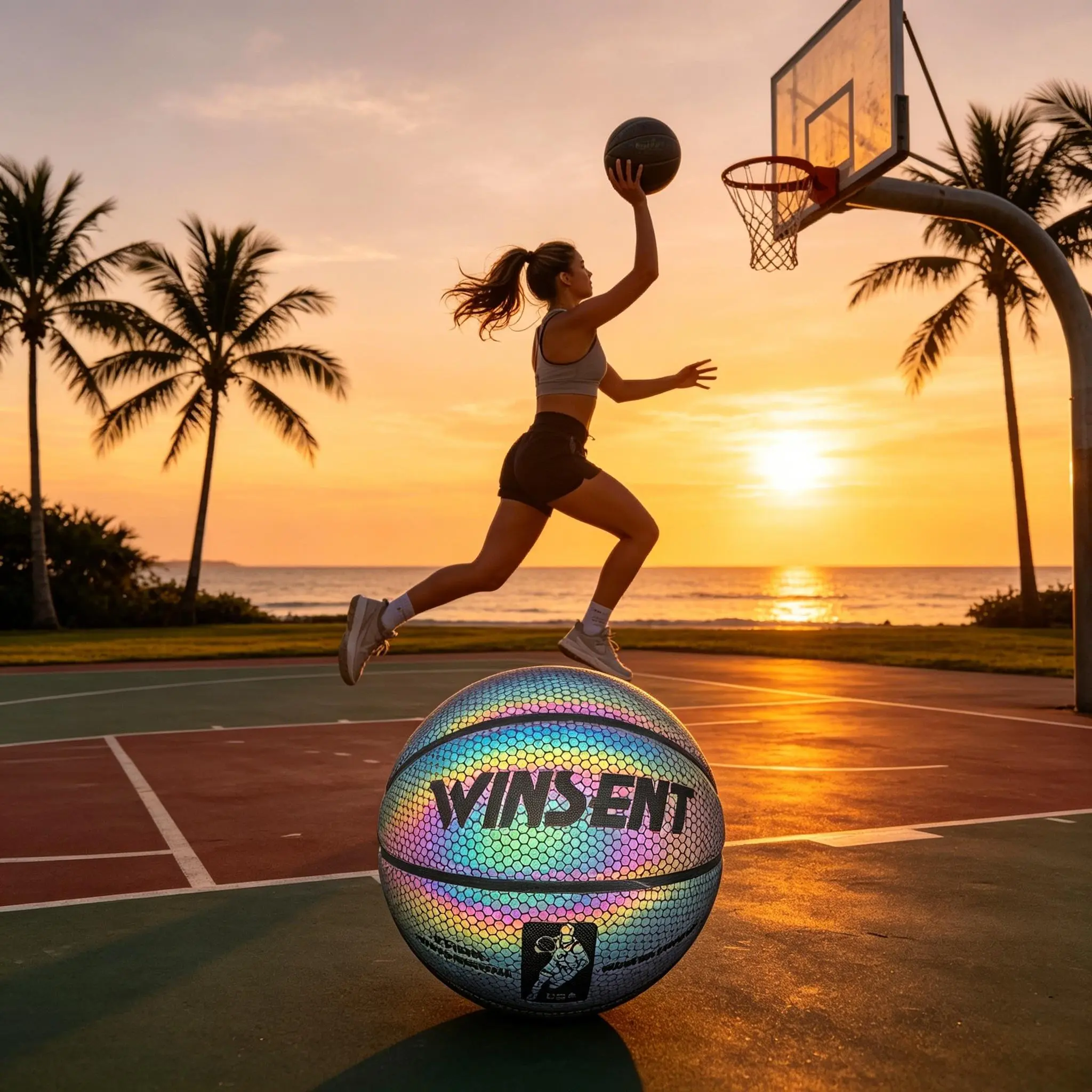 Color-Shifting Reflective Leather Basketball, Honeycomb Textured Non-Slip Wear-Resistant Official Size for Adults, Holidays & Birthday Gift Idea with Excellent Elasticity Standard Indoor-Outdoor Basketball Net