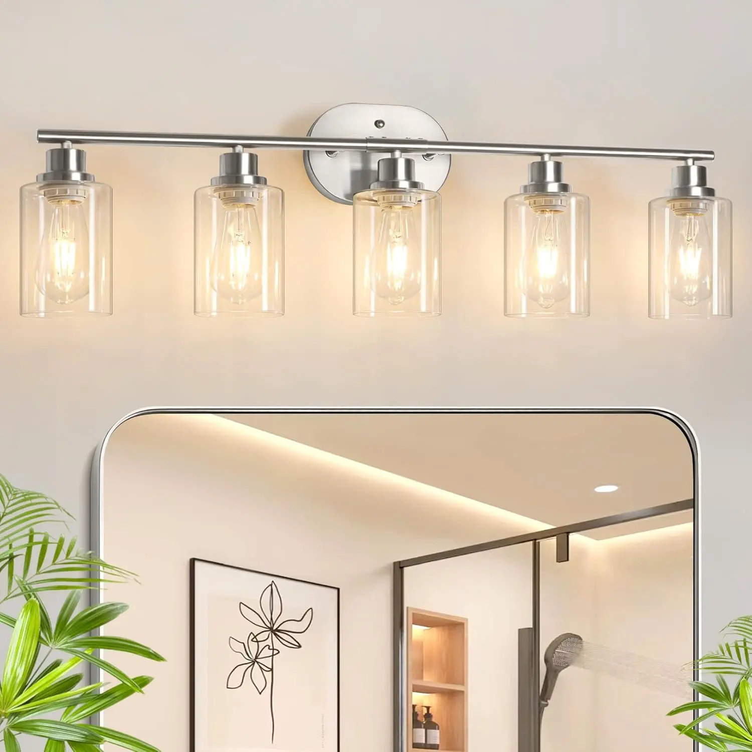 Ascher Bathroom Light Fixtures, 5 Light Vanity Lights for Bathroom, Brushed Nickel Wall Lamp with Clear Glass for Mirror, Living Room, Hallway, Cabinet, E26 Base