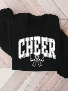 Cheer Letter Bow Print Casual Fashion Holiday Fleece Long Sleeve Pullover Sweatshirt, Fall Winter Thick Knit Loose Fit Round Neck Jumper for Women
