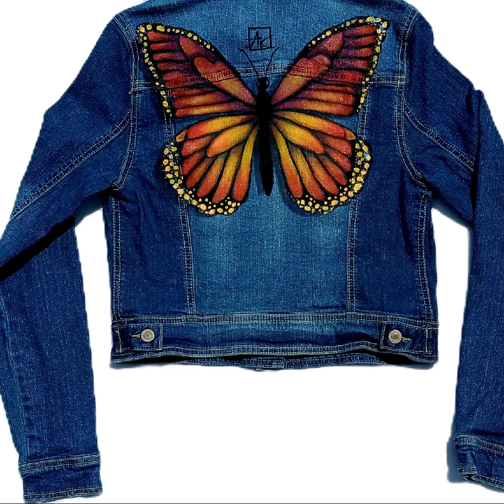 Hand Painted Custom Denim Jacket Monarch Butterfly Design, colorful, unique, stretchy, M