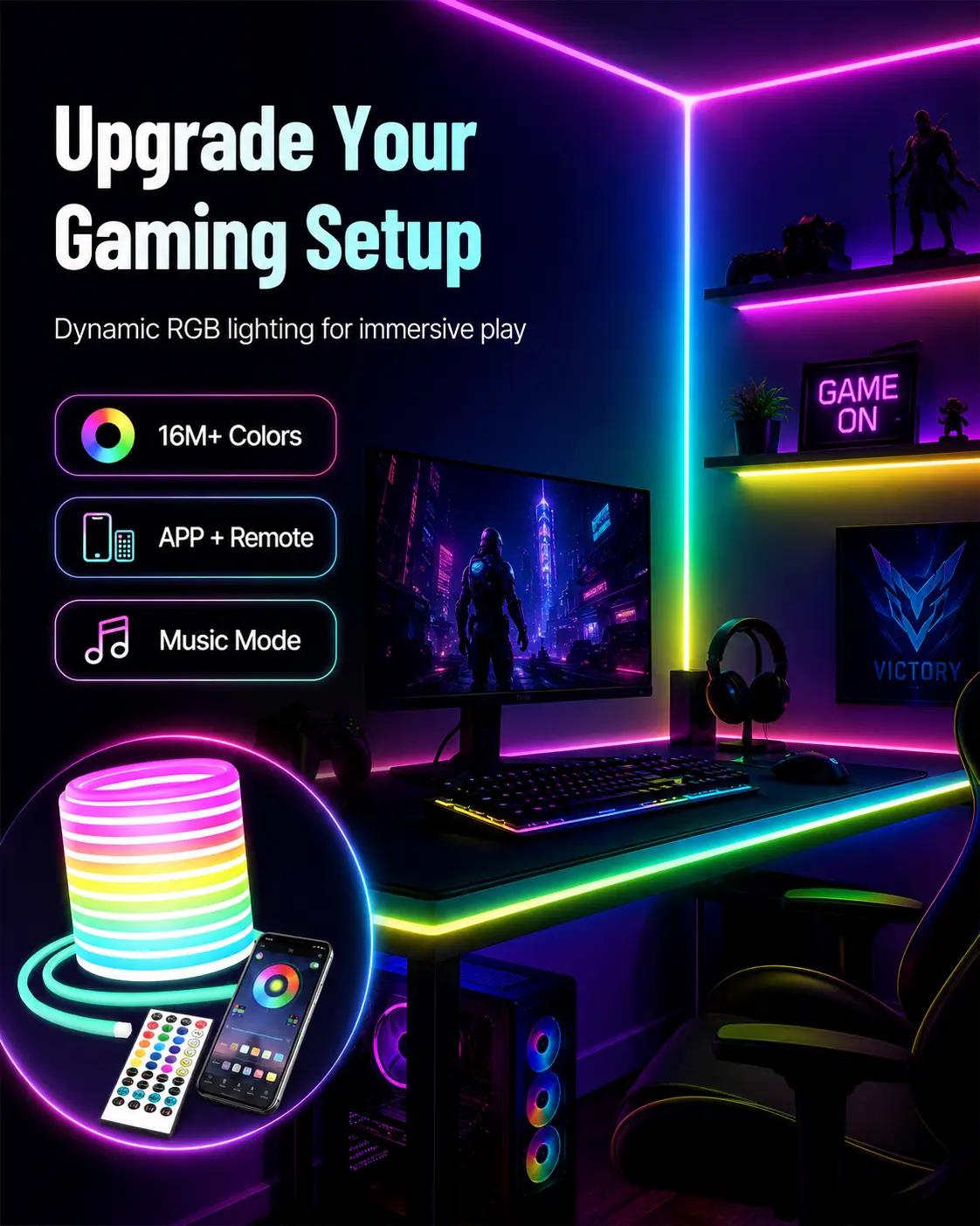 2Premium Silicone Cuttable RGB LED Strip Lights (RGB Lights) - 16M+ Colors, APP Control, Included Remote, IP65 Waterproof, USB Powered, Soft Glow for Cozy Indoor Vibe