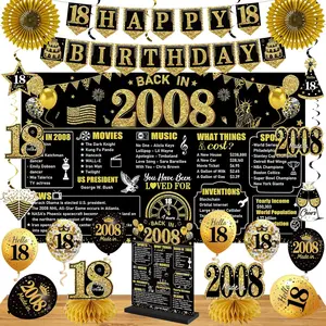 21-Piece 18th Birthday Party Supplies Set,18th Birthday Decorations Kit for Boys, 21PCS Black Gold Back in 2008 Banner, Vintage Wooden Table Sign, Poster, Hanging Swirls, Balloons, Paper Fans & Cheers to 18 Years Party Supplies